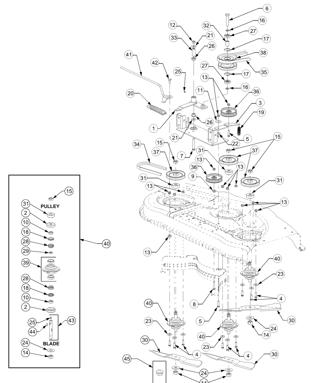 48 Inch Spindle Assembly Diagram and Parts List for 2518-48 13A208M100-13A288M100 Cub Cadet Lawn Tractor